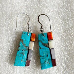 Turquoise & Multi-Stone Mosaic Inlay Earrings w 925 Sterling Silver Wires